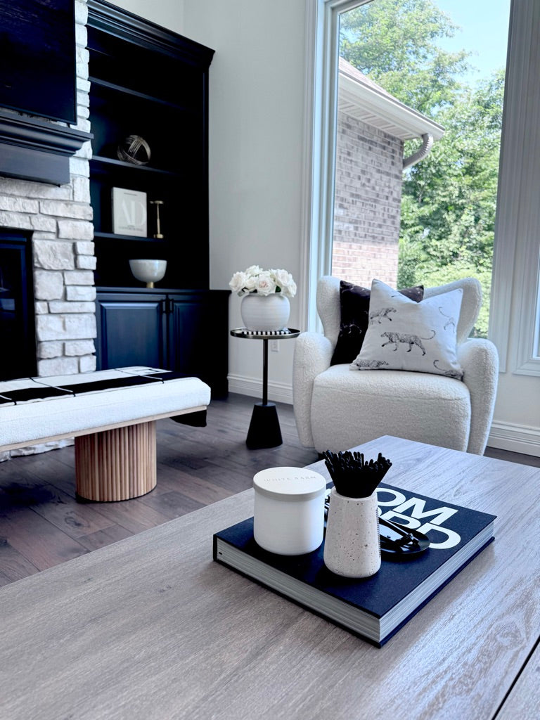 A styled living room interior featuring Elegance Is Key Sahara Collection decorative pillows, with a light gray upholstered armchair with a white stone fireplace, dark shelving, and a gray wood coffee table.