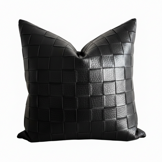 A square-shaped decorative pillow with a geometric pattern design, featuring a luxurious black leather and faux leather exterior.
