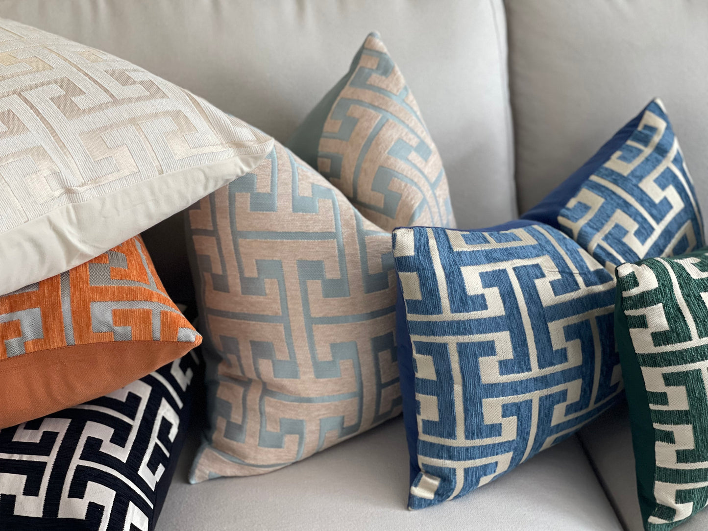 Our "Grecian Collection" encapsulates the modern elegance in your home or office. Soft materials with the greek key design. www.eikhomeco.com