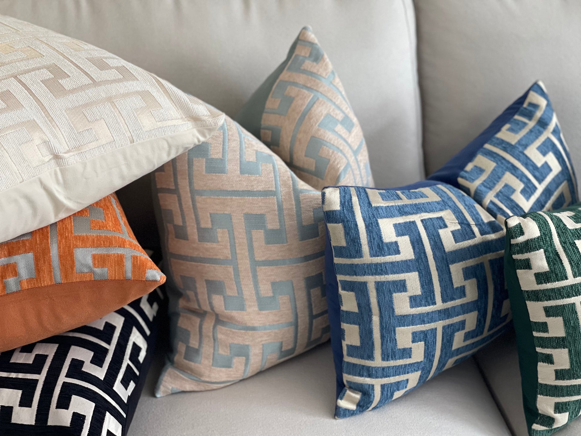 Our "Grecian Collection" encapsulates the modern elegance in your home or office. Soft materials with the greek key design. www.eikhomeco.com